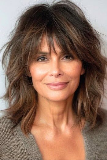 31 Youthful Shag Hairstyles for Women Over 60 to Revamp Your Look - The Hairstyle Edit Texturized Medium Length Hair, Updated Shag Haircut Over 50, Medium Fine Hairstyles, Highlighted Hair Ideas, Layered Cuts For Fine Hair, Medium Wavy Haircuts Layered Cuts, Hair Styles For Women Over 60 Medium, Over 50 Haircuts, Medium Length Shag Haircuts