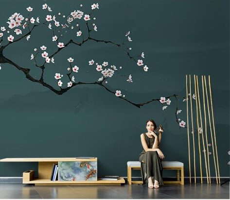 Chinoiserie Hanging Cherry Blossom Branch Flowers Wallpaper Wall Mural, Emerald Green Background Cherry Branch Wall Mural Blossom Wall Mural, Cherry Blossom Wall Mural, Blossom Mural, Creative Wall Painting Ideas, Tree Wall Painting, Paint Room, Cherry Branch, Cherry Blossom Wall Art, Creative Wall Painting