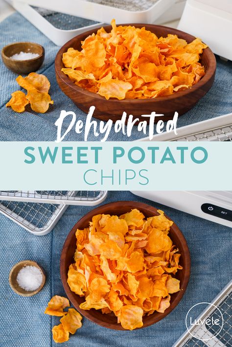 Homemade Sweet Potato Chips, Dehydrator Recipes Fruit, Sweet Potato Crisps, Dehydrating Food Storage, Sweet Potato Chips Baked, Healthy Sweet Potato, Dehydrated Vegetables, Stuffed Sweet Potato Healthy, Dehydrated Fruit