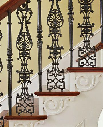 Stair Railing Revivals Stair Column, Stairway Railing Ideas, Iron Stairs, Stairs Railing, Wrought Iron Stair Railing, Staircase Railing Design, Iron Stair Railing, Iron Staircase, Wrought Iron Stairs