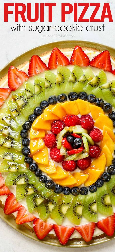 Sugar Cookie Fruit Pizza Best Fruit Pizza, Pizza Recipe Easy, Fruit Sugar Cookies, Apricot Glaze, Easy Fruit Pizza, Fruit Pizza Sugar Cookie, Sugar Cookie Crust, Fruit Pizza Recipe, Carlsbad Cravings