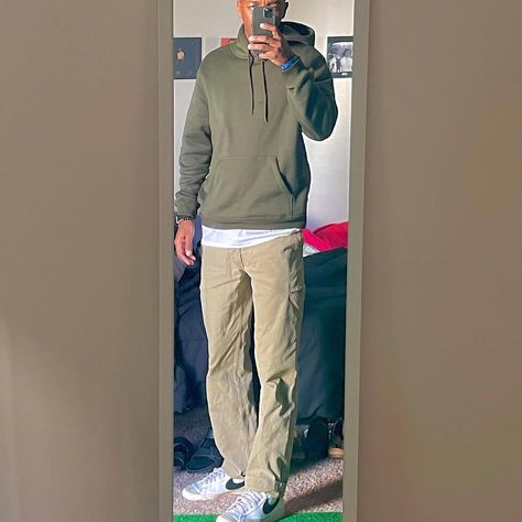 White t shirt with oversized olive green sweatshirt and Nike blazers Olive Cargo Outfit, Cream Cargos Men, Olive Green Hoodie Outfit Men, Blazer High Tops Outfit, Tan Cargo Pants Outfit Men, Olive Green Cargo Pants Outfit Men, Green Sweatshirt Outfit Men, Olive Green Hoodie Outfit, Olive Cargo Pants Outfit Men