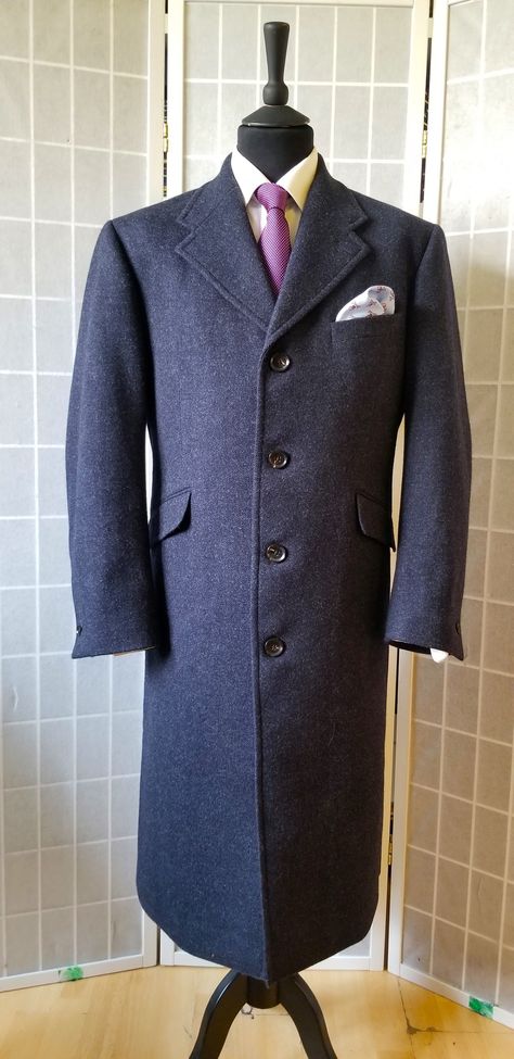 4 Button Single Breasted Overcoat in Heavy Weight Fox Bros Cloth — TWEED ADDICT Fox Brothers, Herringbone Coat, Tweed Jackets, Indigo Colour, Tweed Jacket, Heavy Weight, Single Breasted, Herringbone, Horn