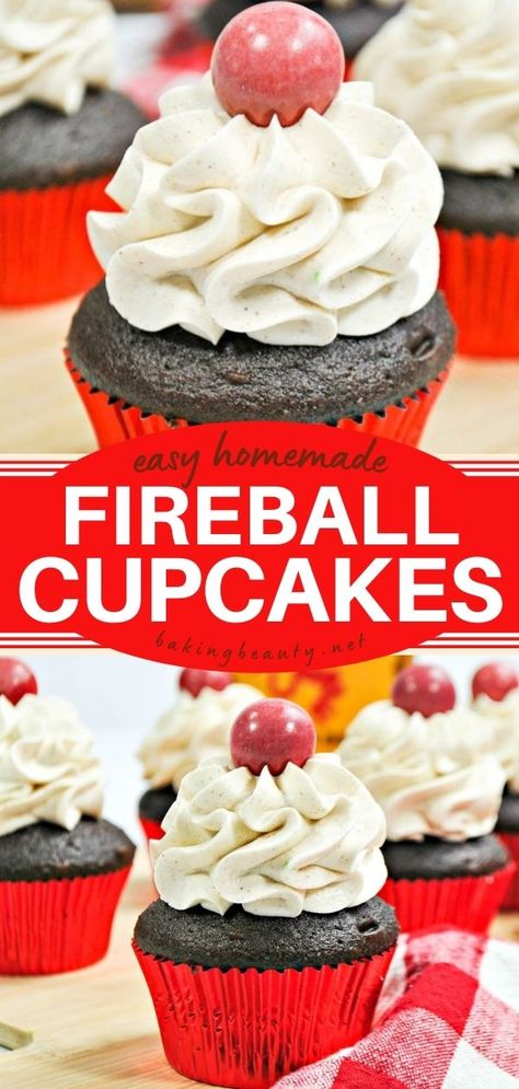 Fireball Cupcakes, easy father's day recipes, easy desserts to impress, cupcake ideas Cupcakes For Guys Birthday, Easy Boozy Cakes, Guy Cupcakes Ideas, Chocolate Alcohol Cake, Fire Ball Cupcakes, Boozy Chocolate Cupcakes, Boozy Red Velvet Cupcakes, Fireball Dessert Recipes, Fireball Cupcakes Recipe