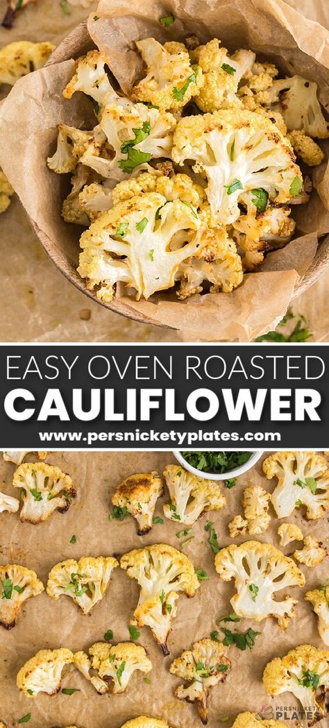 Roasted Cauliflower is a simple recipe that packs a ton of flavor into each little floret. Sprinkled with salt, pepper, and cumin, then finished with fresh lemon juice, this 5-ingredient side dish is ready in 30 minutes! Not only is it healthy and delicious, but the seasoning can be customized to suit your tastes! Veggie Casseroles, Persnickety Plates, Fresh Vegetable Recipes, Vegetable Ideas, Oven Roasted Cauliflower, Yummy Vegetable Recipes, Frugal Cooking, Roasted Cauliflower Recipes, Veggie Casserole