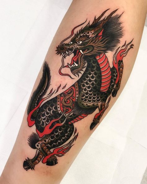 Traditional Tattoo Dragon, Rockstar Tattoo, Dragon Tattoo Meaning, Traditional Dragon, Red Dragon Tattoo, Small Dragon Tattoos, Dragon Tattoo For Women, Liverpool Uk, Japanese Dragon Tattoos