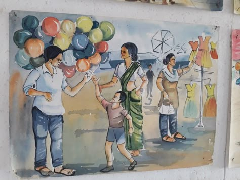 Ballon Seller Memory Drawing, Balloon Seller Memory Drawing, Fair Scene Drawing, Market Scene Composition, Village Fair Drawing, Book Fair Drawing, Balloon Seller Drawing, Memory Drawing For Intermediate, Market Scene Drawing Easy