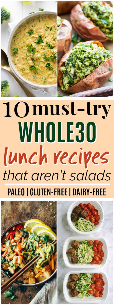 10 Whole30 Lunch Ideas that Aren’t Salads | These Whole30 lunch ideas look SO amazing! I really needed some Whole30 lunch ideas because I’m tired of eating the same things all the time. I love that all of these Whole30 lunch recipes are easy to make and none of them are salads! Plus, all of them are paleo, gluten-free, grain-free, and dairy-free. Definitely pinning for later! #paleo #whole30 #paleorecipes #whole30recipes Whole 30 Lunch Ideas, Paleo Lunch Ideas, Whole30 Lunch Ideas, Easy Whole 30, Paleo Recipes Lunch, Whole30 Lunch, Whole 30 Lunch, Meal Prep Plans, Paleo Lunch