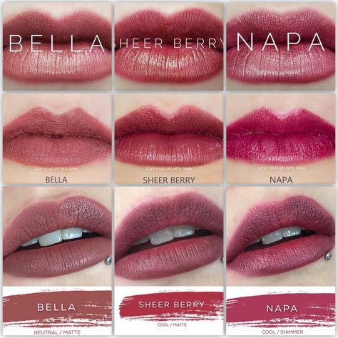 Bella vs. Sheer Berry vs. Napa Lipsense Lipsense Bella, Napa Lipsense, Berry Lipsense, Lip Sense, Senegence Makeup, Senegence Lipsense, Lipsense Colors, Perfect Eyeliner, Lip Service