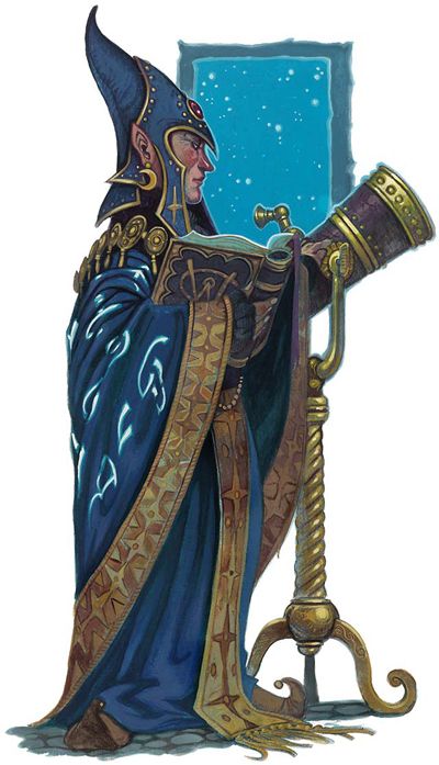 Astronomancien - tout mage capable de conjurer la magie grâce à l’alignement des étoiles ou des planètes. Wizard Telescope, Dnd Astronomer, Bladesong Wizard, Astronomer Character Design, Star Wizard, Wizards Tower, Magic Tower, Gnome Wizard, Dnd Druid