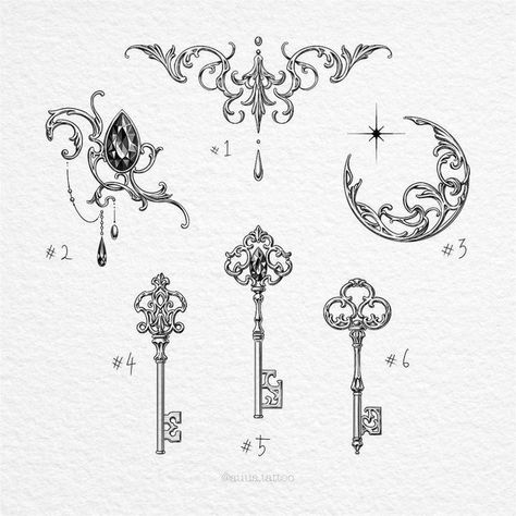 Soft Core Tattoo, Shiny Heart Tattoo, Key Sketch Drawings, Small Intricate Tattoo, Dainty Gothic Tattoo, Dark Coquette Tattoos, Baroque Tattoo Design, Victorian Tattoo Vintage, Ffxiv Tattoo