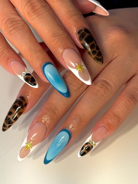 Tiffany Blue Almond Nails, Aura Stiletto Nails, Zoifishh Nails, Blue Funky Nails, Jhene Aiko Nails, Blue Aura Nails, Nessa Nails, Tortoise Nails, Fall Nail Art Ideas