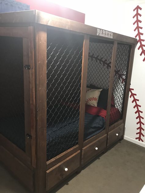 Baseball dugout bed. Baseball decor. Baseball bedroom. Dugout Bed, Baseball Dugout Ideas, Dugout Ideas, Baseball Decorations, Outdoor Deck Design, Baseball Bed, Baseball Dugout, Deck Design Ideas, Baseball Bedroom