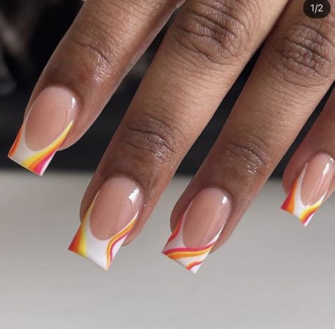 Cute Different French Tip Nails, Summer Acrylic Nails Square French Tip, Shorties Nails Square Summer, Hot Pink And Orange Nails French Tip, French Tip Shorties, Summer Nails Black Women, French Top, Drip Nails, Colored Acrylic Nails