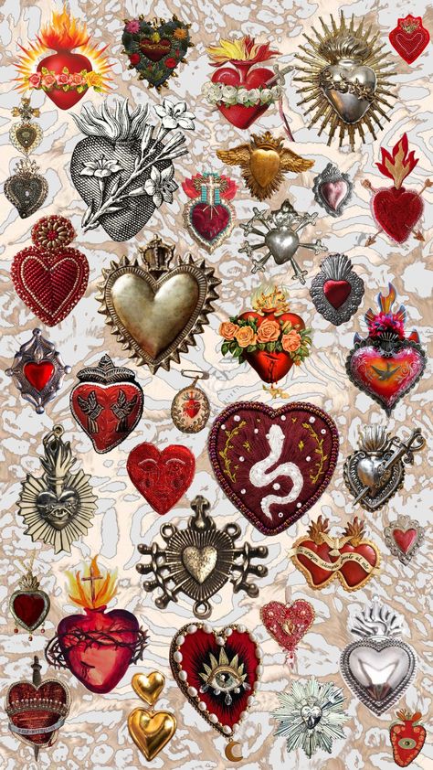 #wallpaper #art #inspo #hearts #vibes #aesthetic #vintage #red 90s Hearts Background, Shrinkadink Ideas, King Of Hearts Aesthetic, Vintage Heart Aesthetic, Sacred Heart Wallpaper, Queen Of Hearts Aesthetic, Desktop Collage, Insta Stickers, Sacred Heart Art