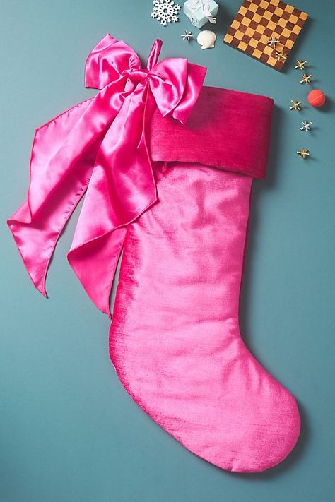 Velvet Bow Stocking Christmas Decor Preppy, Anthropologie Christmas Stocking, Pink Christmas Stocking, Preppy Christmas Decor, Solo Christmas, Anthropologie Christmas Tree, Hot Pink Christmas, Pink Stocking, Bow Tree Topper