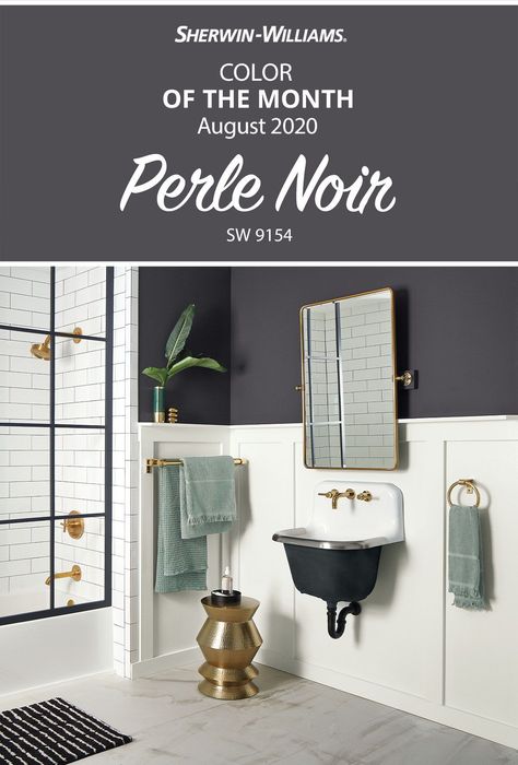 For bygone style with a modern twist, paint walls in the Sherwin-Williams Color of the Month, Perle Noir SW 9154. Deep, dark, and dramatic, this hue helps you reinterpret vintage style in a fresh and current way. Tap this pin to find coordinating colors and to shop online for paint, supplies and more. #diy #colorinspiration #bathroom #sherwinwilliams Dark Putty Paint Color, Sw Perle Noir, Perle Noir Sherwin Williams Exterior, Sherwin Williams Perle Noir, Dark Paint Colors Sherwin Williams, Pearl Noir Sherwin Williams, Perle Noir Sherwin Williams, Sw Darkroom, Iron Ore Sherwin Williams Bathroom