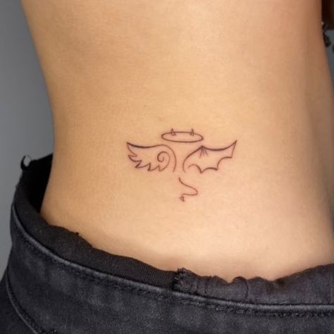 Small Witchy Tattoo Ideas, Dilligaf Tattoo, Devil Tattoo For Women, Tattoo Angel And Devil, Small Devil Tattoo, Cute Devil Tattoo, Angel And Devil Tattoo Design, Devil Angel Tattoo, Devil And Angel Tattoo