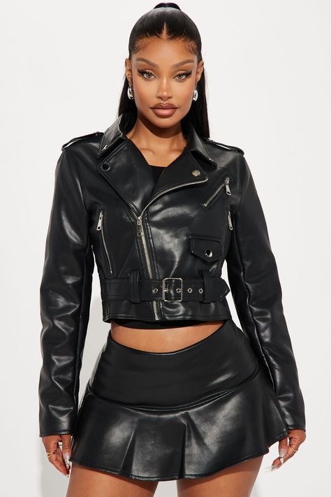 Available In Black And Wine. Faux Leather Skort Set Moto Jacket Collar Belted Detail Micro Mini Skirt With Under Short Invisible Back Zipper Stretch Shell: Coating: 100% Polyurethane Ground: 90% Polyester 10% Viscose Lining: 100% Polyester Imported | Biker Babe Faux Leather Skort Set in Black size Large by Fashion Nova Women Biker Outfits, Leather Skort, Skort Set, Biker Babe, Jacket Collar, Biker Outfit, Faux Leather Mini Skirt, Micro Mini Skirt, Lady Biker