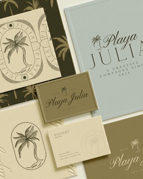 Introducing Playa Julia, a tropical and authentic semi-personalized brand. It’s crafted for those starting their business, on a tight budget, and simply needing assistance to establish themselves. #brandidentity #branddesign #graphicdesign Business Cards Designs, Events Logo Design, Resort Branding Design, Hawaiian Branding, Beach Brand Identity, Tropical Branding, Tropical Logo Design Ideas, Tulum Logo Design, Resort Brand Identity