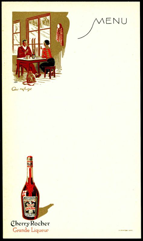 French Menucard - The Refuge. Old Paper, Menu Cards, Letter Paper, Food Menu, Liqueur, Cocktail Recipes, Poster Art