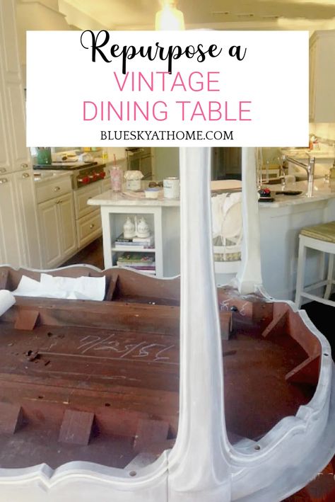 How to Paint a Vintage Dining Table. Repurposing vintage furniture with paint is a simple way to rescue old pieces. Step-by-step paint process. #blueskyathome #vintagetable #paintprojects #howtopaintavintagetable French Provincial Dining Table Makeover, French Provincial Kitchen Table, Dining Table Refurbish Ideas, Dining Table Painting, Redo Dining Chairs, Victorian Dining Room Table, French Provincial Dining Table, Dining Table Redo, Country Dining Room Table