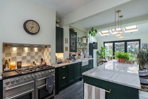 Double-fronted period property for sale in east Dulwich, London Green Shaker Kitchen, Bert And May Tiles, Declutter Bathroom, Eaves Storage, Marble Worktops, Kitchen Surface, Skylight Window, Period Property, Shaker Kitchen