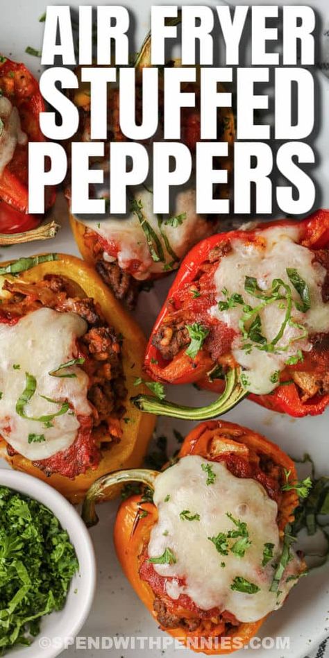 Tasty air fryer stuffed peppers are a treat any night of the week. Use ground beef or chicken, turkey, pork, or sausage, but don't forget the garlic and onion! #spendwithpennies #airfryerstuffedpeppers #stuffedpeppers #entree #recipe #healthy #rice #beef #easy #best #airfryer Stuffed Peppers In The Air Fryer, Ground Turkey Recipes Air Fryer, Ground Turkey Air Fryer Recipes, Air Fryer Ground Turkey Recipes, Cook Bell Peppers, Airfryer Dinners, Air Fryer Stuffed Peppers, Ground Turkey Stuffed Peppers, Beef Rice