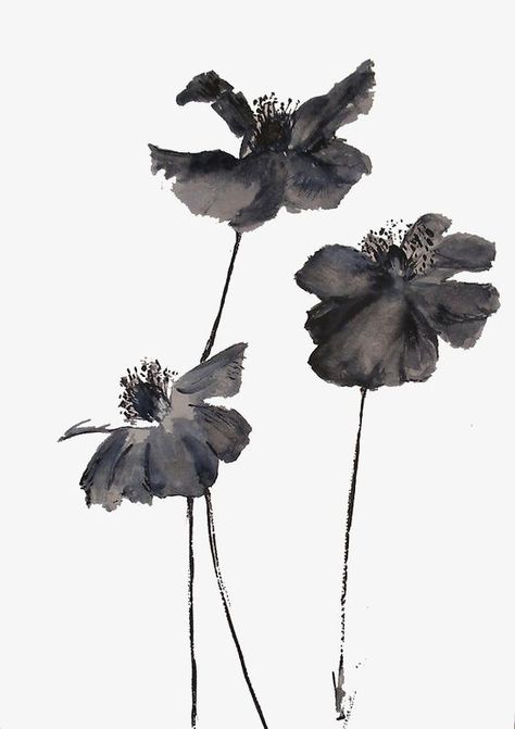 black poppies Ink Painting Black, Black Ink Painting, Filler Tattoo, Japanese Ink Painting, Sumi E Painting, Ink Paintings, Chinese Brush Painting, Chinese Brush, Flowers Png