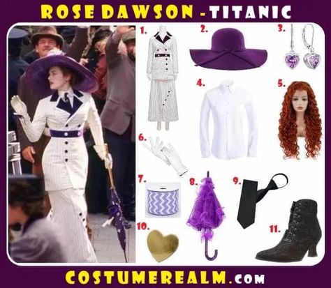 Dress Like Rose Dawson Rose Dawson Halloween Costume, Rose Dawson Costume, Titanic Costume, Rose Dawson, Titanic Rose, Purple Umbrella, White Oxford Shirt, Costume Guide, Tragic Love Stories