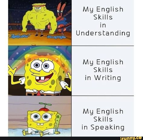 Language Funny, Funny Spongebob Memes, English Memes, Memes Lol, Spongebob Memes, School Memes, Memes Humor, Humor Memes, Memes Kpop