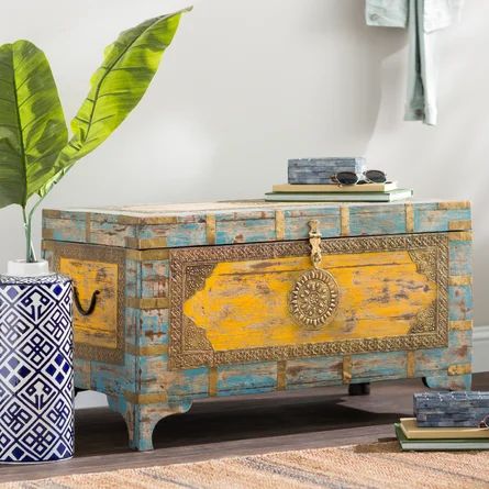 Langley Street Adamsville 4 Legs Coffee Table with Storage | Wayfair Drum Coffee Table, Coffee Table Trunk, Storage Trunk, Furniture Chairs, Solid Wood Coffee Table, Coffee Table Wayfair, Table With Storage, Distressed Painting, Coffee Table Setting