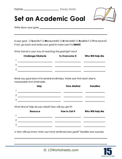 The “Set an Academic Goal” worksheet is a targeted resource to help students develop actionable plans for achieving their academic objectives. The worksheet begins with a space for the student to write their name, establishing ownership of their goals. Students are prompted to articulate a specific goal and then evaluate it against the SMART criteria—Specific,... Middle School Study Skills, Middle School Worksheets, Study Skills Worksheets, Only Study, About Study, Kindergarten Social Studies, Study Strategies, Goals Worksheet, Academic Goals