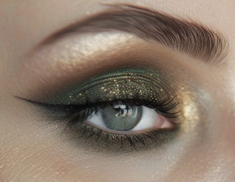 Makeup Looks For A Dark Green Dress, Green And Gold Eyeshadow Looks, Makeup For Emerald Green Dress, Dark Green Makeup Looks, Green Wedding Makeup, Gold Eyeshadow Looks, Grey Smokey Eye, Dark Green Dress, Emerald Green Dresses