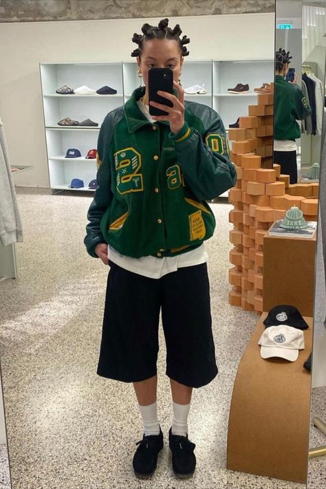 Green Hiphop Outfit, Varsity Jacket With Shorts, Clark’s Wallabee, Clark’s Wallabee Outfit, Clark’s Outfit, Clarks Outfit Women's, Clark Wallabees Outfit Women's, Green Varsity Jacket Outfit, Clarks Wallabees Outfit Women's