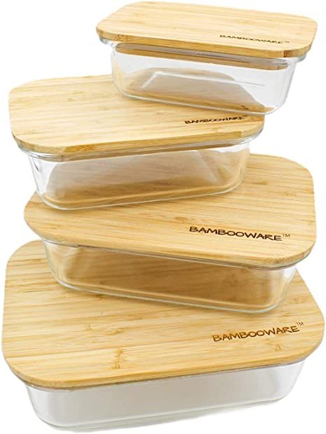 Amazon.com: Bambooware Glass Containers with Lids | Non Plastic Glassware Set - Natural Raw Organic Wooden Bamboo Lids | Set of 4 | Reusable, BPA Free | Perfect for Meal Prep, Lunch, Leftovers, Kitchen: Home & Kitchen Glass Containers With Lids, Meal Prep Lunch, Prep Lunch, Containers With Lids, Kitchen Containers, Cooking Supplies, Plastic Container Storage, Airtight Food Storage, Airtight Food Storage Containers