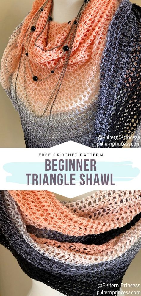 Pretty Triangle Shawls - Free Crochet Patterns Beginner Triangle Shawl Crochet, Easy Crochet Triangle Shawl For Beginners, Beginner Crochet Wrap Pattern Free, Shawlette Crochet Pattern Free, Crochet Shawl Pattern Free One Skein, Triangle Shawls Free Patterns, Crochet Triangular Shawl, Crochet Shallow Triangle Shawl, Free Triangle Shawl Crochet Pattern