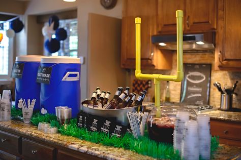 & Baby G Makes Three: Ready, Set, Party! Big G Turns One! Football Party Drink Station, Football 1st Birthday Party, Football Party Drinks, Seahawks Party, Beverage Station Party, Water Station, Mini Footballs, Big G, Party Deco