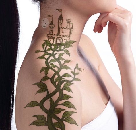 Neck Vine Tattoos, Beanstalk Tattoo, Vine Neck Tattoo, Vine Shoulder Tattoo, Shoulder Tattoo Designs, Green Tattoos, Tattoos Men, Vine Tattoos, Closer To Nature