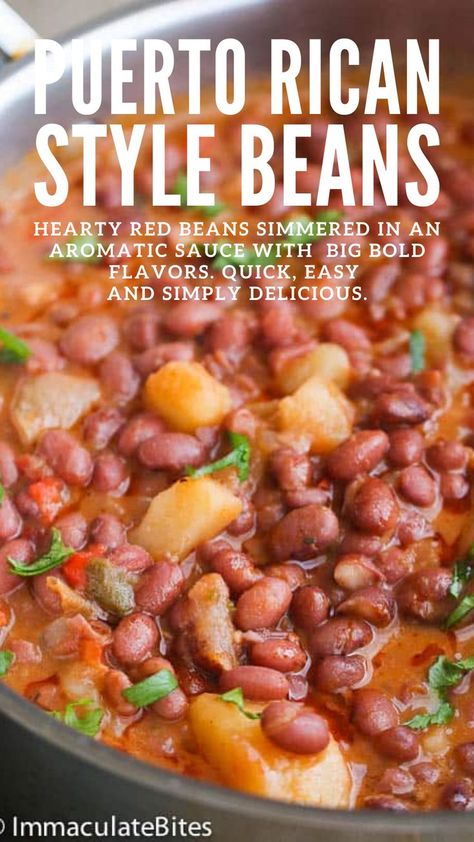 Puerto Rican Style Beans - most delicious beans to cook up. Easy yet tasty meat-free beans recipe - hearty stew of red beans, simmered in tomatoes, onions, garlic, bell pepper spices and chunks of potatoes and all the flavors fuse together beautifully. No complicated cooking method for this world cuisine, vegetarian, beans dish. 😊 Puerto Rican Rice And Beans With Chicken, Red Kidney Bean Recipes Spanish, Red Beans And Potatoes Recipe, Puerto Rican Beans Instant Pot, How To Make Puerto Rican Beans, Spanish Beans And Potatoes, Dinner Ideas Easy Potato, Puerto Rican Red Beans Recipes, Puerto Rican Kidney Beans