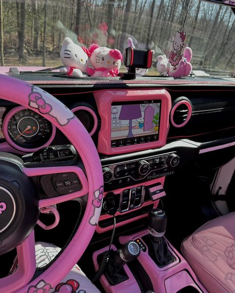 Dream Car Jeep, Heart Wheels, Pink Jeep Accessories, Jeep Wrangler Girly, Pink Jeep Wrangler, Pink Car Interior, Dream Condo, Jeep Wrangler Interior, Black Jeep Wrangler