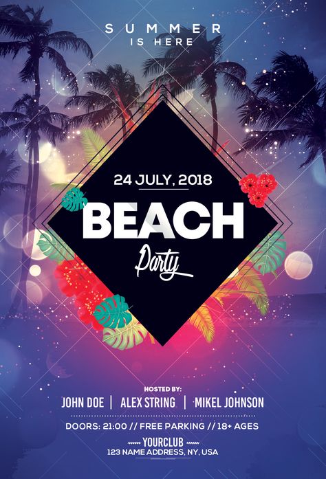 Beach Party - PSD Flyer #poster #djflyer #summer #summerflyer Photoshop Poster Design, Birthday Party Poster, Party Design Poster, Photoshop Poster, Beach Birthday Party, Music Concert Posters, Flyer Design Layout, Music Festival Poster, Digital Marketing Design