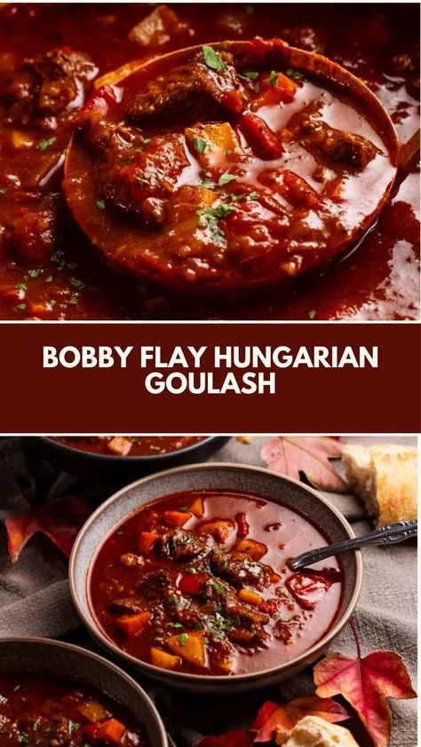 This delicious Hungarian Goulash by Bobby Flay is a hearty, comforting meal perfect for a cozy night. With tender beef, a rich paprika-infused broth, and a mix of vegetables, it’s a flavorful, one-pot dish. Easily customizable with pantry staples, this goulash is both simple to make and satisfyingly nutritious. Complex Dinner Recipes, Best Bobby Flay Recipes, Creamy Goulash Recipes, Hungarian Recipes Dinners, Beef Paprikash Hungarian, Traditional Hungarian Goulash Recipes, Beef Stock Recipes Dishes, Goulash Recipes Hungarian, Unique Dinner Recipes Creative