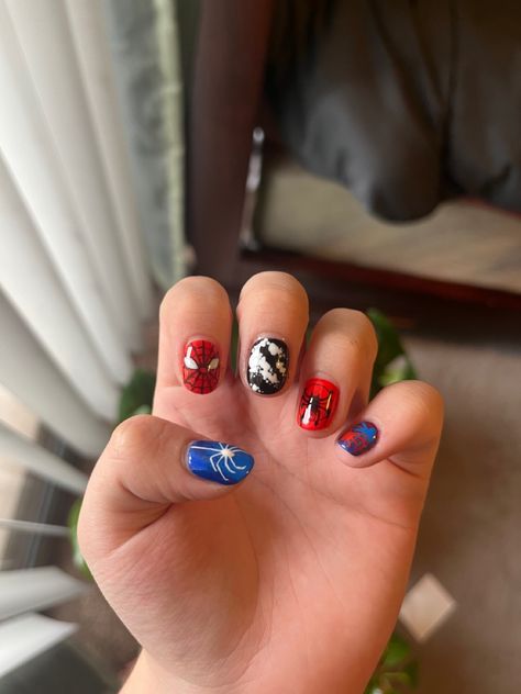 my nails- Short Acrylic Nails Square Spiderman, Spiderman Short Nails Design, Short Acrylic Nails Spiderman, Spiderman Nails Short, Spiderman Natural Nails, Short Acrylic Spider-man Nails, Minimal Nails Art, Mens Nails, Beach Icon