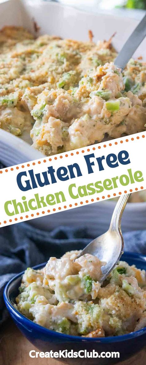 Gluten Free Chicken Casserole is a quick and easy dinner idea that the whole family will enjoy. Packed with chicken, frozen broccoli, shredded cheese and cream cheese then baked into a super creamy casserole. Prepped in just 10 minutes and on the table in a half hour, our chicken casserole will quickly become a family favorite. Gluetin Free Dinners, Chicken Broccoli Rice Cheese Casserole Gluten Free, Gluten Free Chicken Broccoli And Rice, Gluten Free Leftover Chicken Recipes, Gluten Meals, Gluten Free Chicken Casserole, Gluten Free Casserole Recipes, Casserole With Chicken, Gluten Free Casserole