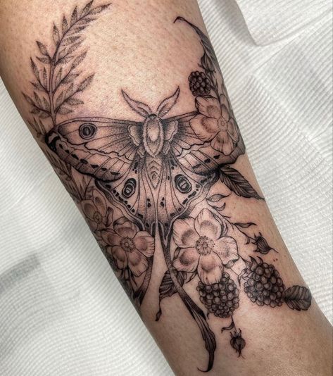 Insect Half Sleeve Tattoo, Moth Tattoo Sleeve Women, Moth Forearm Tattoo Women, Feminine Insect Tattoo, Lunar Moth Sleeve Tattoo, Botanical Hip Tattoos Women, Luna Moth And Mushroom Tattoo, Art Deco Moth Tattoo, Lunar Moth Forearm Tattoo