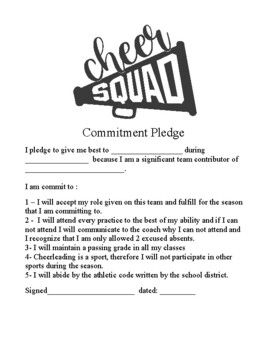 Each student that makes your cheer squad should know that they are making a commitment. Before the season starts or right after tryouts have them sign this commitment pledge. ... Cheer Motions Printable, Cheer Team Contract, Cheer Binder Ideas, Cheer Tryout Score Sheet, Cheer Practice Plan, Cheerleading Motions, Uca Cheer Camp, Cheer Formations, Cheer Swag