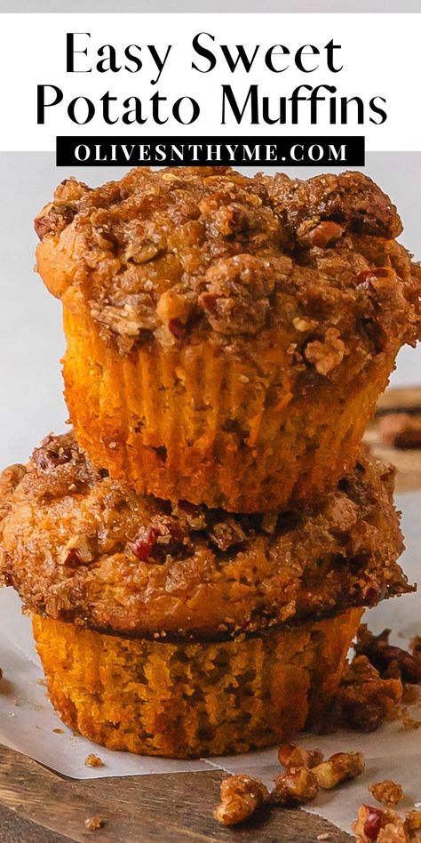 Sweet potato muffins are deliciously soft, moist and fluffy cinnamon spiced muffins with sweet potatoes. They’re topped with a quick and easy brown sugar cinnamon streusel. Grab one or two for a wonderfully delicious breakfast, snack or dessert. Potato Muffins Recipe, Healthy Sweet Potato Muffins, Brown Sugar Sweet Potatoes, Sweet Potato Muffin Recipe, Streusel Topping Recipe, Crumb Cake Muffins, Maple Icing, Healthy Sweet Potato, Gluten Free Sweet Potato