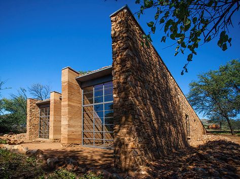 sustainable house, rammed earth and stone walls Residential Building Entrance, Green Architecture Concept, Green Building Architecture, Green Roof House, Ing Civil, Rammed Earth Homes, Eco Buildings, Rammed Earth Wall, Residential Building Design