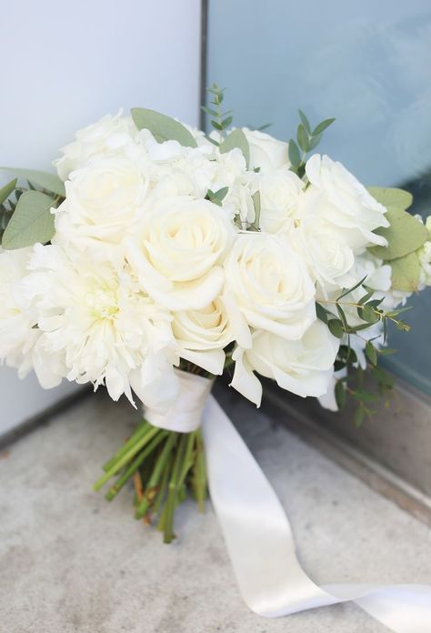 Peonies And Eucalyptus, All White Bouquet, Thompson Hotel, Ivory Wedding Flowers, Small Wedding Bouquets, Greenery Wedding Bouquet, Wedding Simple, Bridal Bouquet Flowers, Rose Wedding Bouquet